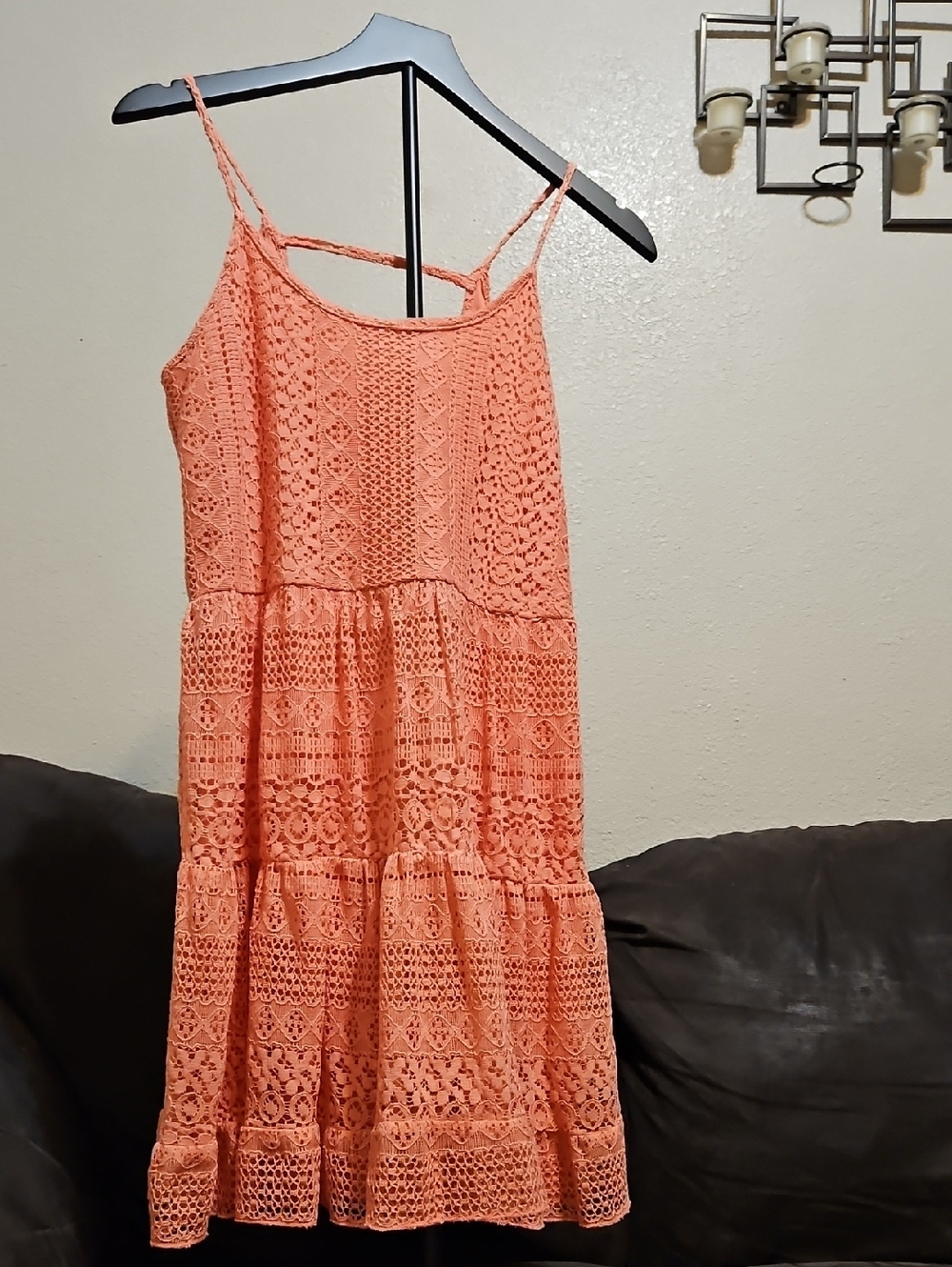 Coral Lace Tiered Mini Dress with Spaghetti Straps
